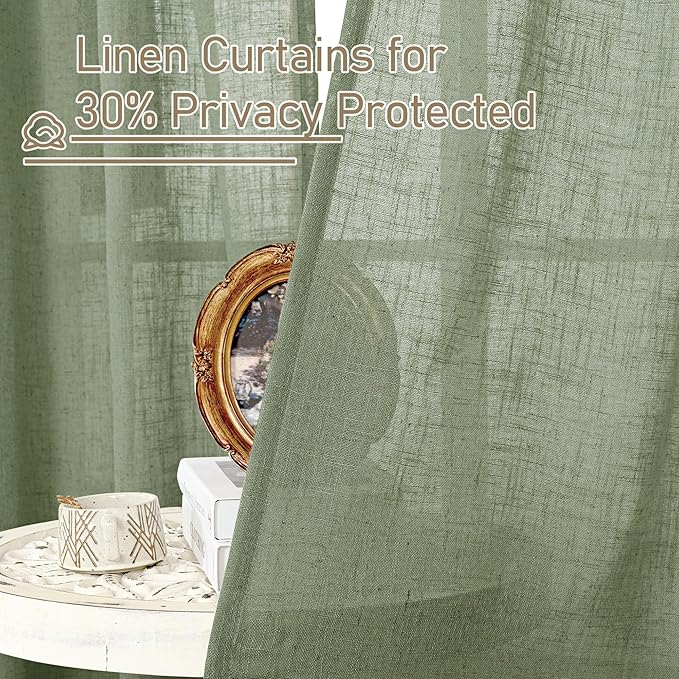 LAMIT Sage Green Linen Semi Sheer Curtains 63 Inch for Bedroom, Light Filtering Neutral Window Curtains Farmhouse Boho Back Tab and Rod Pocket Panels, 2 Panels, 38 x 63 Inch