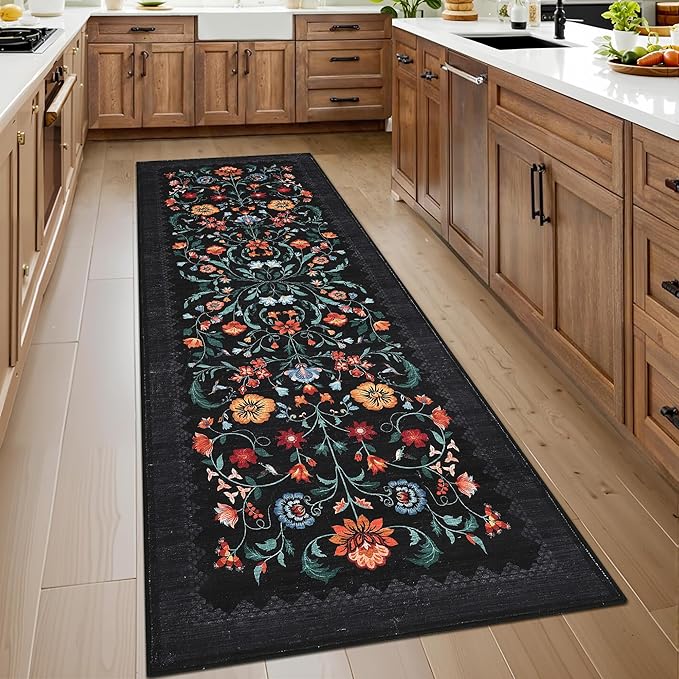 GarveeHome Floral Rug 2x6 Runners for Hallways, Boho Kitchen Runner Rugs Non Slip Bath Runners, Vintage Washable Runner Rug for Bedroom, Soft Long Rugs for Entryway Bathroom Laundry Dorm, Black