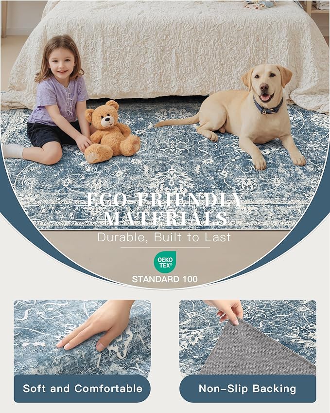 Madane 8x10 Area Rugs for Living Room, Machine Washable Vintage Rug with Non-Slip Backing, Soft Floral Print Large Throw Rugs, Thin Carpet for Bedroom Dining Room Farmhouse (8 x 10, Cadet Blue)