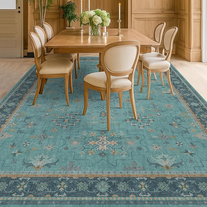 Boho Teal 7x9 Soft Rugs for Living Room, Washable Turquoise Rug for Bedroom Under Bed, Vintage Non Slip Floral Dining Room Carpet, Low Pile Soft Fade Resistant