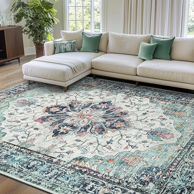 Area Rugs 8'x10' Washable Non-Slip, Floral Vintage Distress Print Pattern Medallion Carpet for Living Room Bedroom Dining Room, Green Navy Blue White Red Teal Colorful