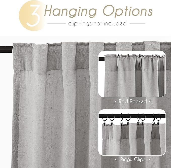 Linen Blend Grey Curtains for Living Room Back Tab Modern Farmhouse Semi Sheer Light Gray Curtains 96 inches Long 2 Panels Set Muted Neutral Cotton Texture Window Curtain for Dining Room Bedroom