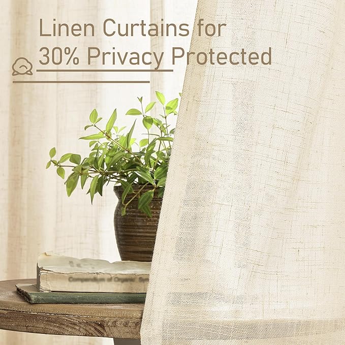 LAMIT Living Room Linen Curtains 90 Inch for Bedroom, Back Tab and Rod Pocket Linen Textured Sheer Curtains Light Filtering Boho Drapes for Farmhouse, 2 Panels, 52 x 90 Inch, Beige