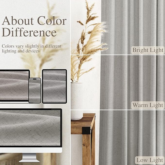 Nanspring Light Gray Linen Curtains 90 Inches Long for Living Room Simple Modern Farmhouse Linen Coastal Decor Back Tab Rod Pocket Light Filtering Semi Sheer Grey Curtain for Bedroom 52x90, 2 Panels