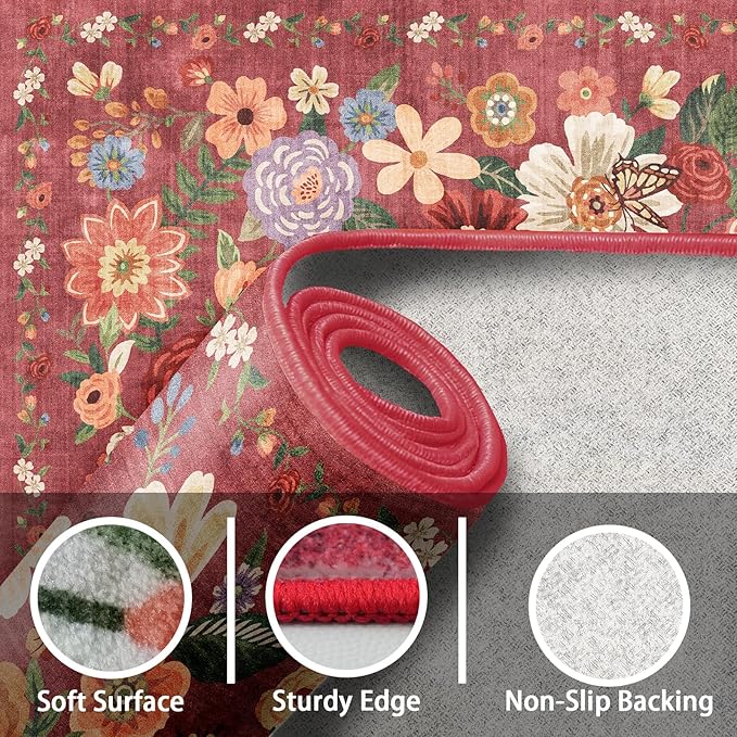 Floral Washable 6x9 Area Rugs, Soft Bedroom Rug for Living Room Ultra-Thin Non Slip Dining Room Rug, Stain Resistant Rugs Easy Clean Throw Carpet for Office(6 x 9, Red Garden)