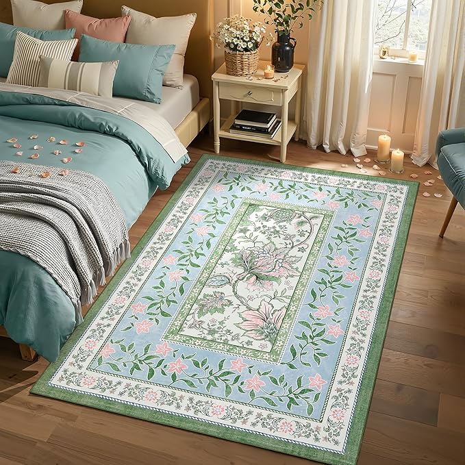 GarveeHome Blue Green Pink Washable 6x9 Area Rugs, Botanical Grove Vintage Cottagecore Non-Slip Rug for Living Room Bedroom Nursery Kitchen Low-Pile Retro Large Carpet