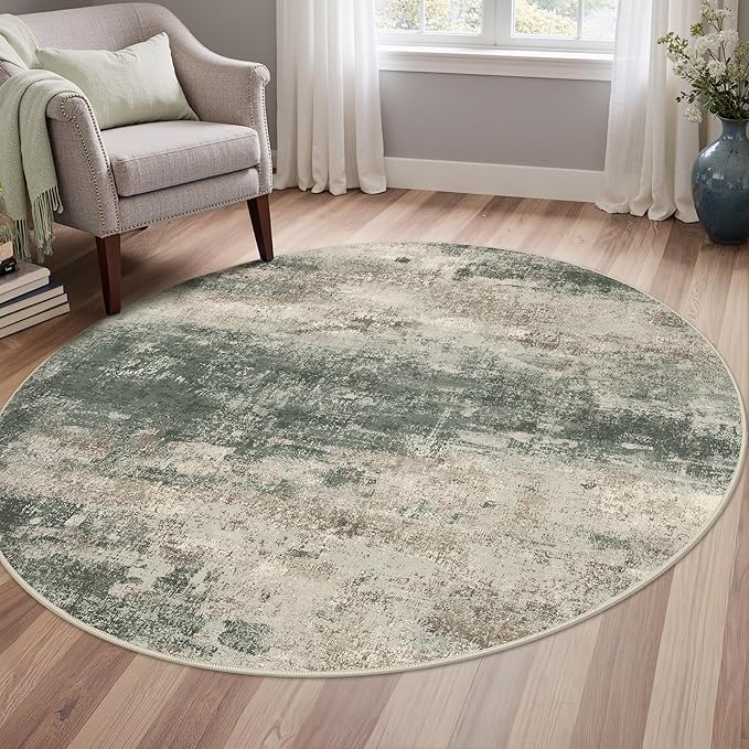 BEIMO Round Rugs 6FT for Living Room Bedroom, Modern Abstract Machine Washable Circle Rug, Soft Low Pile Floor Cover with Non Slip Backing for Dining Room, Grey/Dark Green