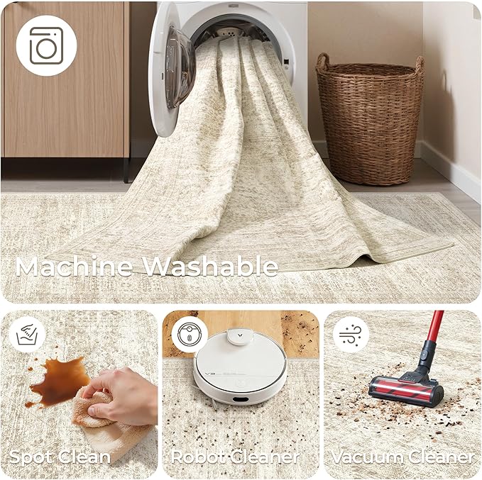 4x8 Rug for Bedroom,Wide Runner Rug for Hallway, Non Slip Washable Runner Rug for Living Room, Low Pile Soft Entryway Kitchen Rug, Modern Home Decor Mat for Dining Room(4'x8', Beige/Ivory)