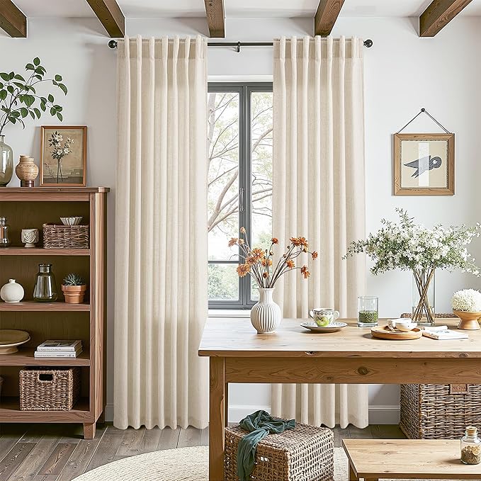 Cream Beige Linen 144 Inch Curtains for Living Room Light Filtering Semi Sheer Curtain Back Tab Modern Farmhouse Decor Elegant Coastal Drapes Floor to Ceiling High Window for Bedroom 52x144, 2 Panels