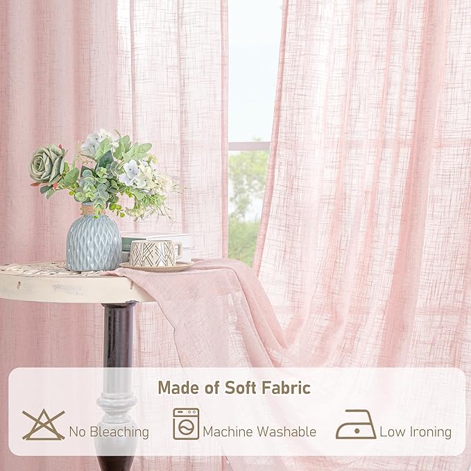 LAMIT 72 inch Pink Linen Curtains for Living Room 2 Panels, Linen Textured Light Filtering Semi Sheer Back Tab and Rod Pocket Farmhouse Curtain Panels for Bedroom/Farmhouse, 52 x 72 Inch