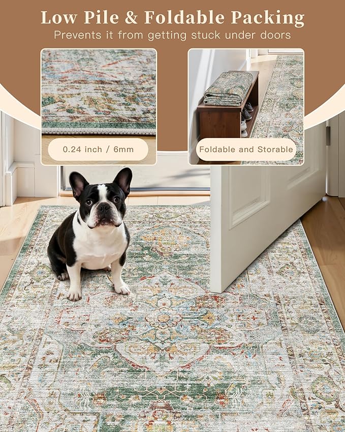Madane Hallway Runner Rug 2x12, Extra Long Washable Runner Rugs with Rubber Backing, Non Slip Carpet Runner for Hallway, Vintage Rug Runners for Kitchen Laundry Room Entryway (Green, 2'x12')