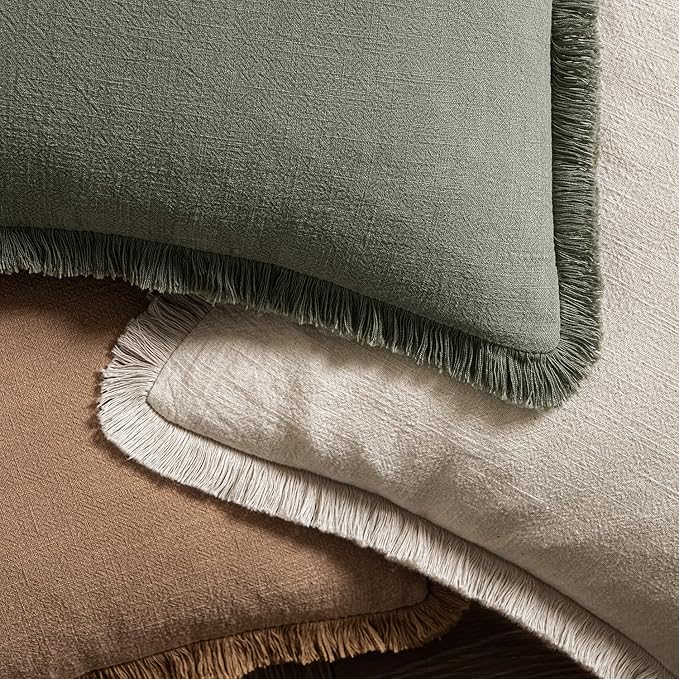 MIULEE Decorative Throw Pillow Covers Neutral Linen Fringe Throw Pillows Euro Shams Set of 2 Light Olive Green Boho Farmhouse Cushions for Couch Sofa Bed Living Room Spring Home Decor 24x24 Inch