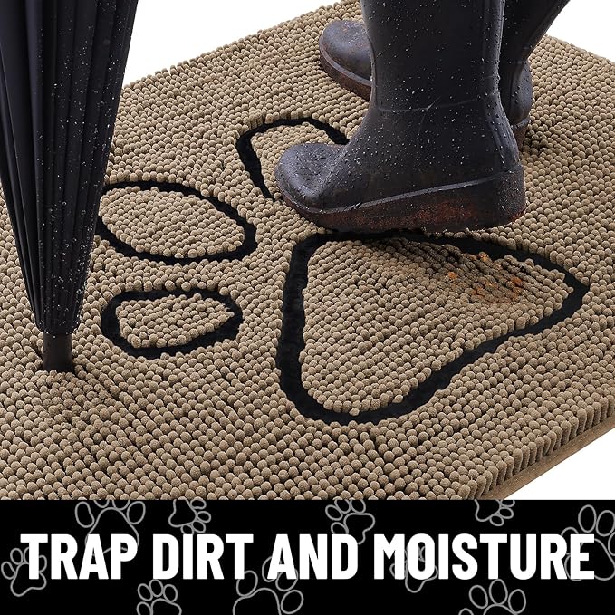 Smiry Dog Door Mat for Muddy Paws, Absorbent Dirt Trapper Non Slip Quick Dry Washable Chenille Mat for Mud Dogs, Entry Rug for Indoor and Outdoor (40x32 Inches, Camel and Black)