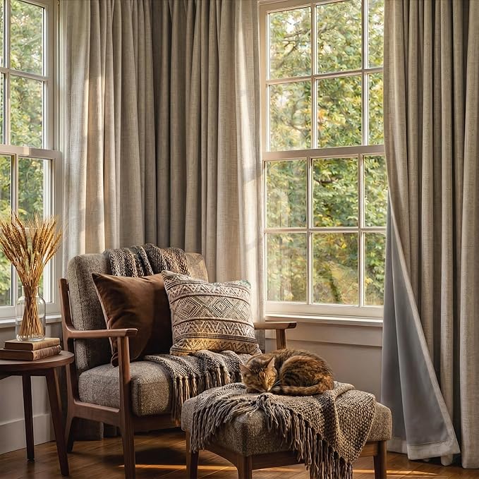 RYB HOME Linen Textured 100% Blackout Curtains for Bedroom, Insulating Energy Saving Window Curtains for Living Room Dining Patio Sliding Glass Door, Wide 52 x Long 90 inch, Burlap, 2 Panels