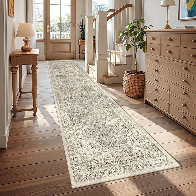 Hallway Runner Rug 2x12, Extra Long Washable Runner Rugs with Rubber Backing, Non Slip Runner, Vintage Rug Runners for Kitchen Laundry Room Entryway (Brown/Beige,2'x12')