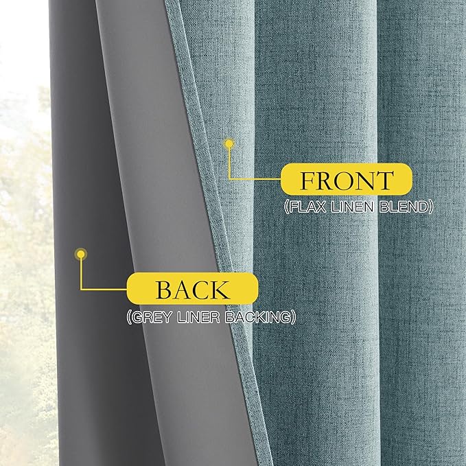 NICETOWN 100% Absolutely Blackout Linen Curtains with Thermal Insulated White Liner, Skylark Blue, 52 inches Wide, 84 inches Length Energy Saving Curtains for Living Room 2 Panels Set, Vertical Blinds