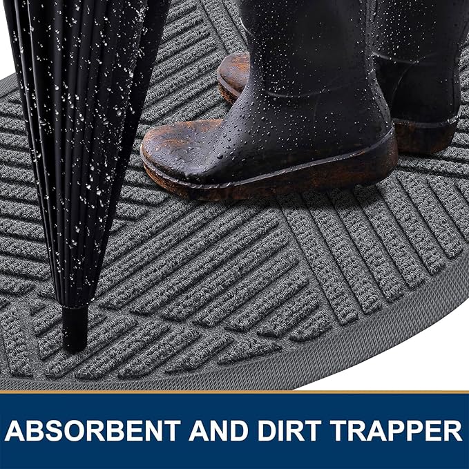 Smiry Half Circle Front Door Mat Outside Entrance, Heavy Duty Sturdy Natural Rubber Doormat, Trap Dirt and Moisture, Low Profile Mats for Indoor Outdoor Entry, Irregular Triangle (29.5x17, Grey)