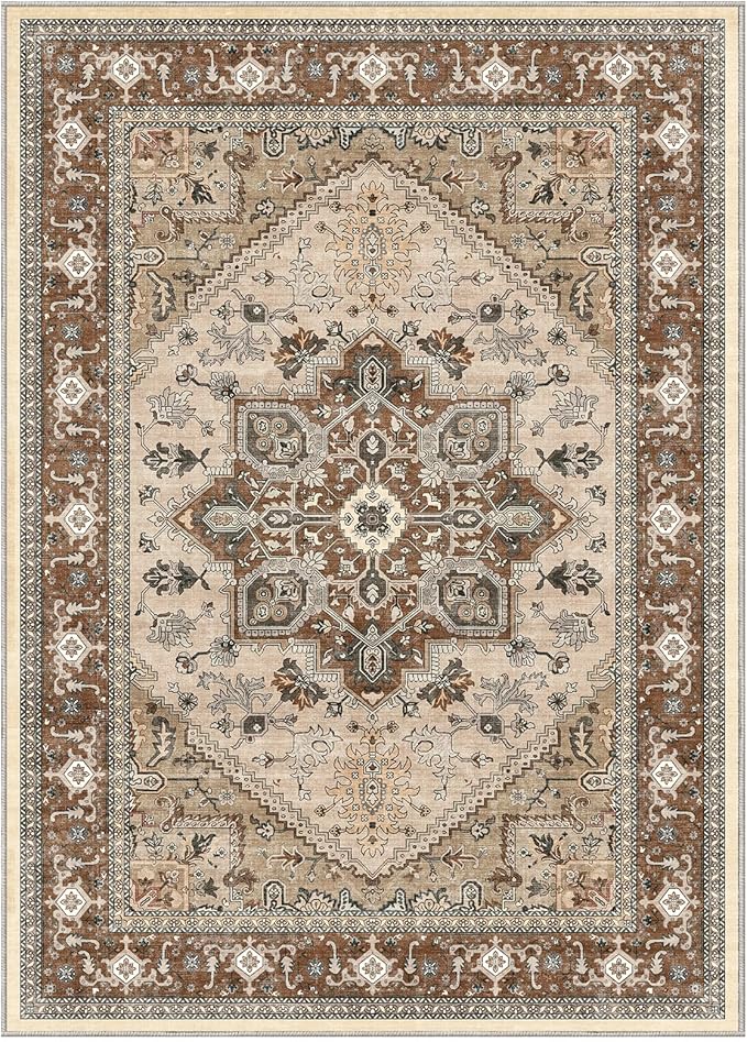 OPPODREAM Soft Area Rugs 4x6, Low-Pile Washable Rugs 4x6 with Non Slip Backing, Faux Cashmere 4 x 6 Throw Carpet, Brown
