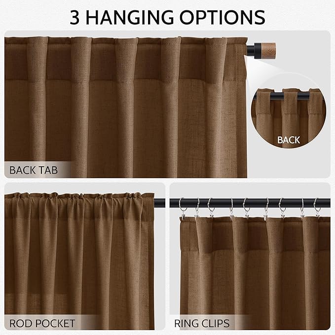 Tobacco Brown Linen Curtains 102 Inches Rod Pocket Back Tab Drapes 2 Panels Set for Living Room Bedroom Light Filtering Semi Sheer Tobacco Brown Curtain 102 Length for Patio Door 52x102