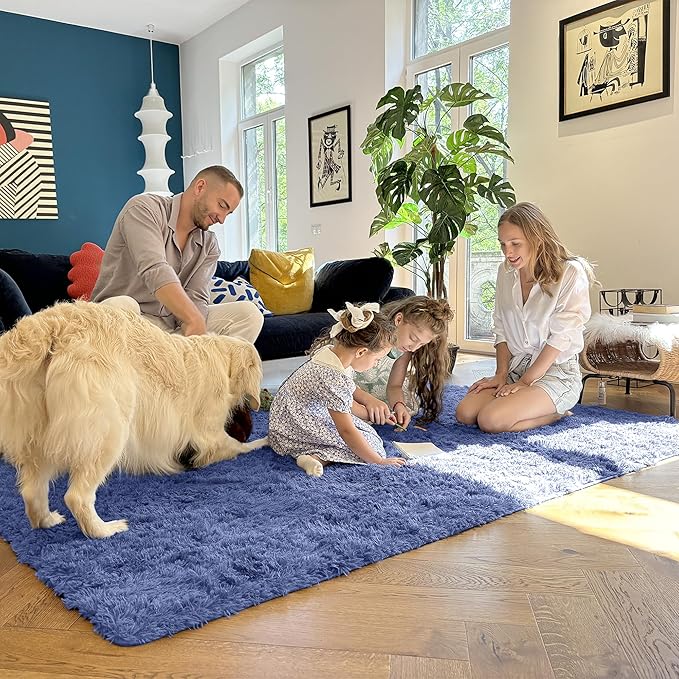 OLANLY 9x12 Machine Washable Large Area Rugs for Living Room, Bedroom, Soft Fluffy Shaggy Bedside Rug, Indoor Floor Carpet for Kids Girls and Boys, Dorms, Nursery, Home Decor Aesthetic, Denim Blue