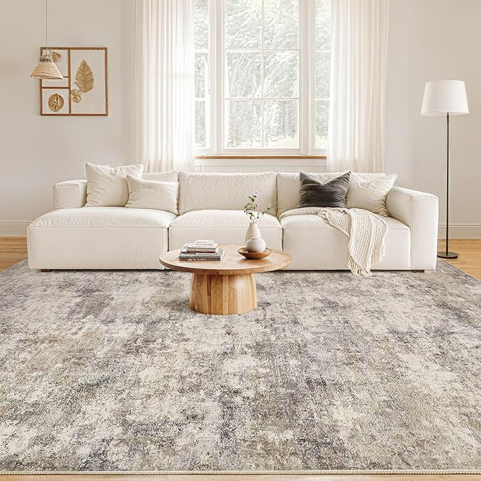 Nakagishi 10x12 Area Rugs Living Room: Washable Abstract Large Neutral Soft Rug Stain Resistant Modern Indoor Floor Non-Slip Carpet for Bedroom Nursery Playroom Office Dining Room Dorm- Brown Grey