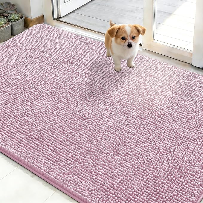 OLANLY Dog Door Mat for Muddy Paws 50x30, Absorbs Moisture and Dirt, Absorbent Non-Slip Washable Doormat, Quick Dry Chenille Mud Mat, Entry Indoor Entryway Carpet for Inside Floor, Dusty Rose