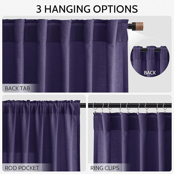 Nanspring Purple Linen Blend Light Filtering Back Tab Curtains 96 Inches Long, Semi Sheer Privacy Drapes for Living Room & Bedroom, 52x96 inch, 2 Panels