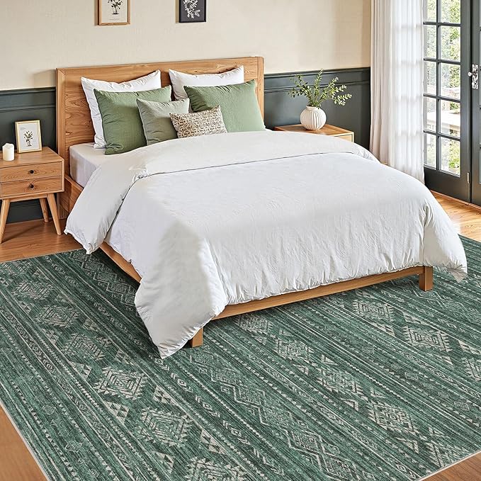 Nakagishi Green Rug Area Rugs 5x7: Washable Boho Large Neutral Modern Soft Farmhouse Rug Stain Resistant Indoor Floor Non-Slip Carpet for Women Home Enthusiasts Aged 25-45 - Bedroom Room Decor