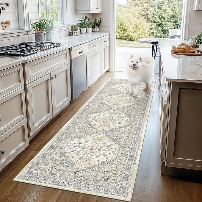 Runner Rug 2x8 Runners for Hallways Non Slip Washable, Vintage Hallway Runner Rugs for Living Room, Low Pile Soft Hallway Rug for Kitchen Bedroom Laundry Room Rug(Beige,2'x8')