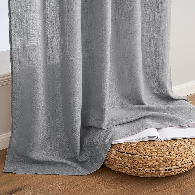 MIULEE Grey Linen Curtains 96 Inch Long for Bedroom Living Room, Soft Thick Linen Textured Window Drapes Gray Semi Sheer Light Filtering Back Tab Rod Pocket Burlap Look Decor, 2 Panels