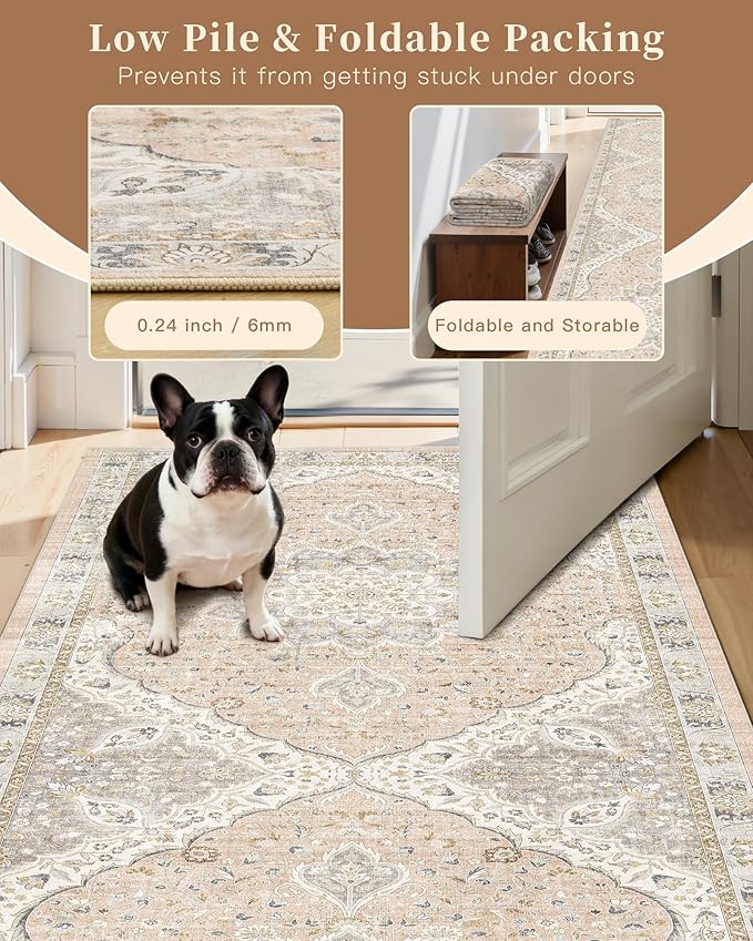 Madane Runner Rug 2x8, Washable Hallway Runner Rugs, Non-Slip Low-Pile Soft Kitchen Rug Runner Laundry Room Rug, Vintage Throw Entry Foyer Mat for Entrance Living Room (Pink/Gray, 2 x 8)