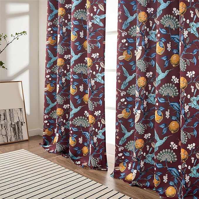 Topfinel Rust Floral Curtains 96 Inches Long 2 Panels Unique Beige Luxury Elegant Colorful Euro Flower Hummingbird Patterned Rustic Vintage Grommet Drapes for Classroom Room Office Closet