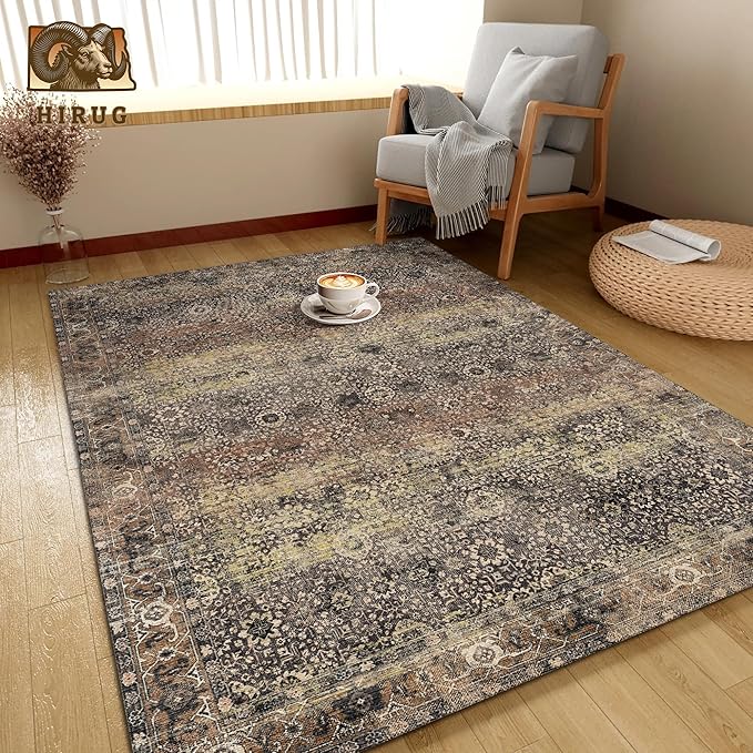 Washable Area Rug 6' x 9' Vintage Traditional Persian Mat - Foldable Distressed Non-Slip Machine Washable Carpet for Living Room Bedroom Kitchen Home Decor - Umber and Slate