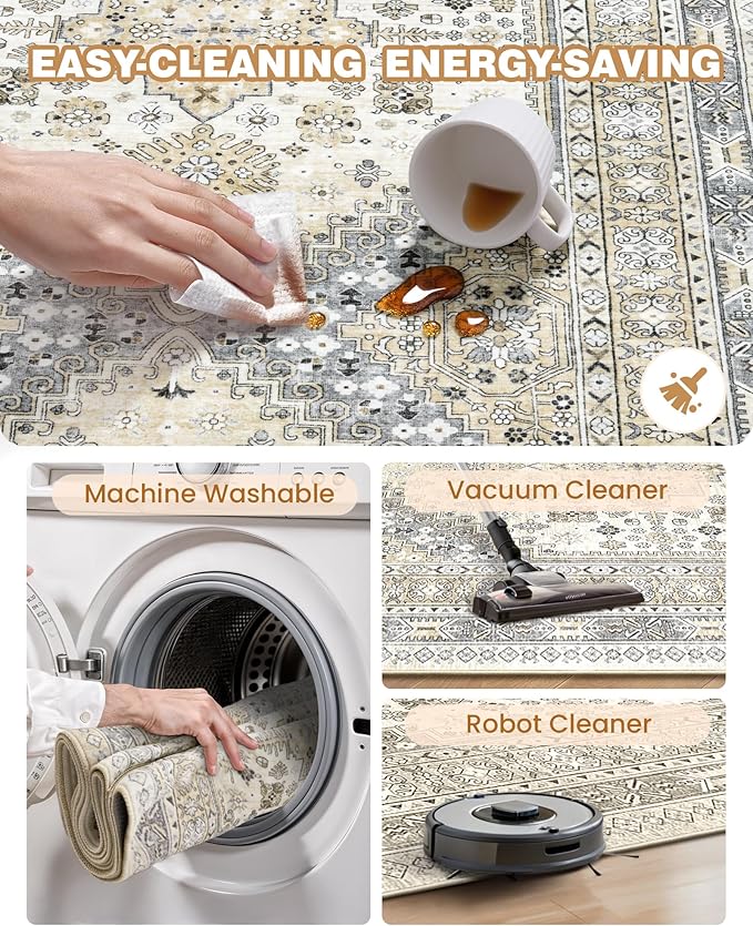 3x5 Washable Area Rug for Entryway, Kitchen Rugs Non Slip for Dining Room, Vintage Floral Soft Living Room Rug, Thin Area Rug Indoor for Bedroom, Kids Room Decor(Beige,3'x5')