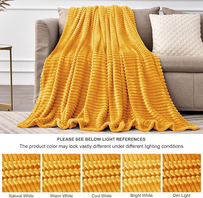 BEDELITE Fleece Blanket Twin Size – 3D Ribbed Jacquard Soft and Warm Decorative Fuzzy Blankets – Cozy, Fluffy, Plush Lightweight Throw Blankets for Couch, Bed, Sofa(Mustard Yellow, 60x80 inches)