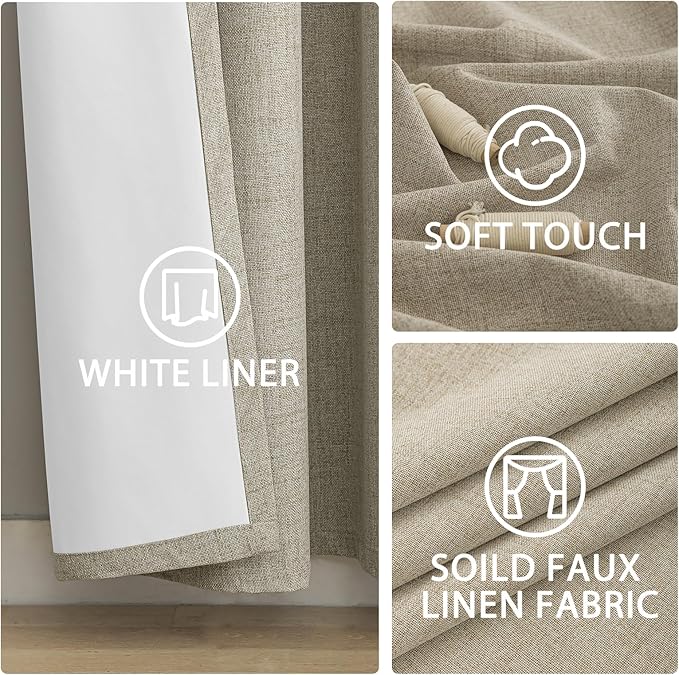 Yakamok Natural Linen Curtains 100% Blackout 90 Inches Long,Room Darkening Textured Curtains for Living Room Thermal Grommet Bedroom Curtains 2 Panels with Greyish White Liner