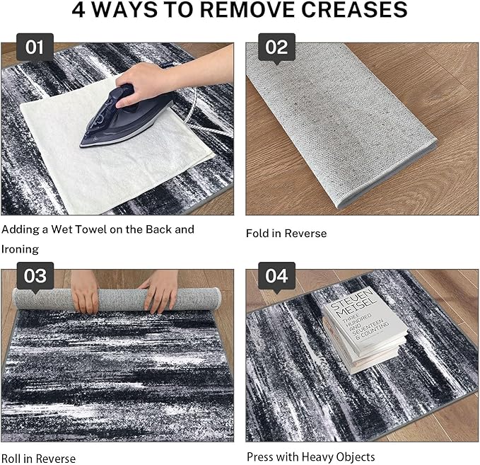 Lansny Modern Abstract Hallway Runner Rug, Black Grey Washable Entryway Runner Non-Slip Soft 2x8 Runner Rug Thin Print Faux Wool Carpet for Kitchen Bedroom Laundry Room Indoor Home Decor