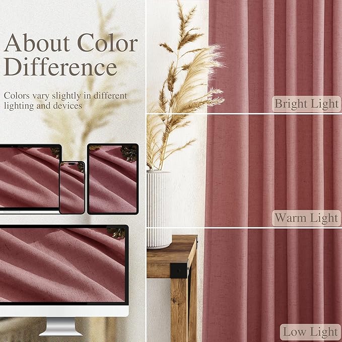 Nanspring Canyon Rose Linen Curtains 90 Inch Long 2 Panels Set for Bedroom Living Room Dusty Rose Linen Textured Window Drapes Semi Sheer Light Filtering Rod Pocket Back Tab Farmhouse Curtain 52x90