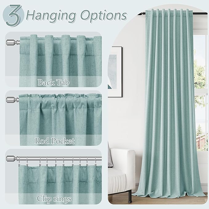 Guken Light Blue 100% Blackout Linen Curtains 108 Inch Length 2 Panels Set for Living Room Bedroom Back Tab/Rod Pocket Thermal Insulated Black Out Drapes Room Darkening Farmhouse Window Curtains