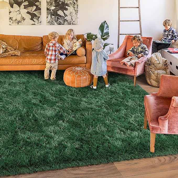 Rugs for Living Room 8x10, Soft Shaggy Modern Shag Area Rug for Bedroom, Upgrade Non-Slip Plush Fluffy Carpet for Kids Boys Girls Room Home Decor Aesthetic, Blackish Green