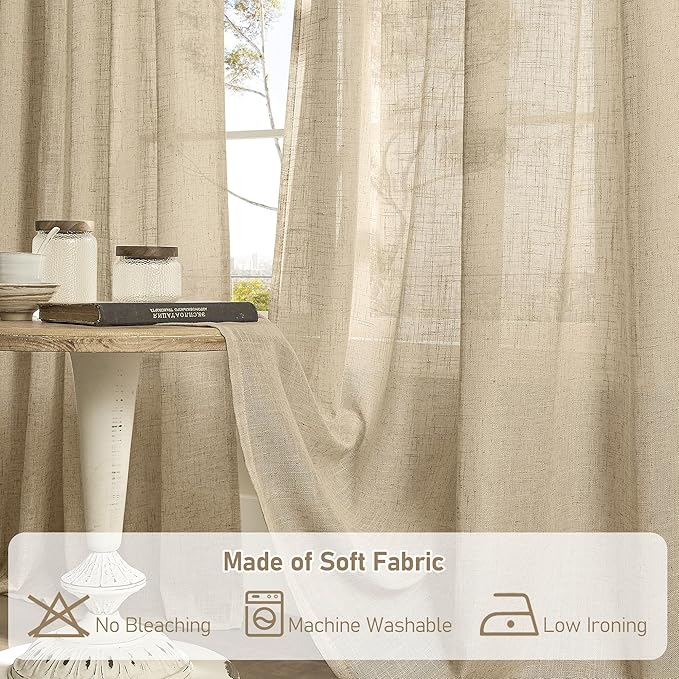 LAMIT Light Filtering Linen Curtains 78 inch for Bedroom, Faux Linen Textured Semi Sheer Back Tab and Rod Pocket Boho Modern Drapes for Living Room/Farmhouse, Brown, 2 Panels, 52 x 78 Inch