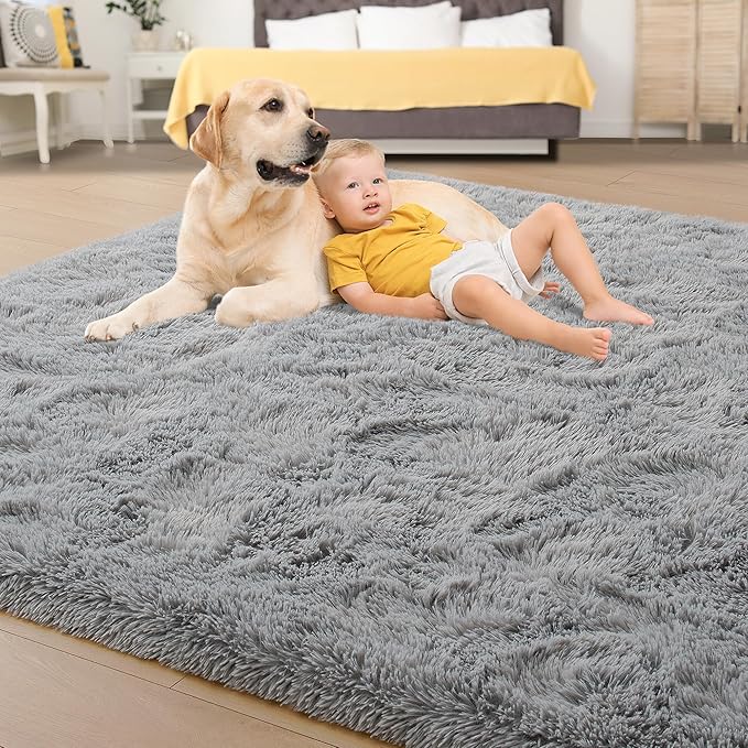 Tepook Super Soft Fluffy Rug for Bedroom, Modern Shaggy Fuzzy Kids Rugs for Living Room, Plush Indoor Nursery Home Decor Dorm Carpet with Non-Slip Bottom, Grey, 4 X 6 Feet
