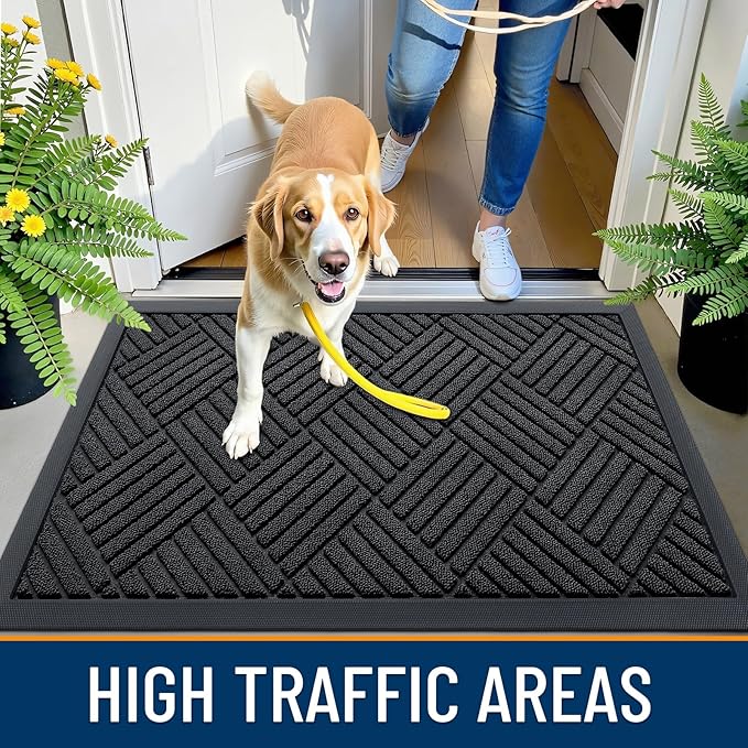 OLANLY Front Door Mat Outside Entrance 33x21, Absorbent, Heavy Duty Sturdy Natural Rubber Doormat Indoor Outdoor, Stain and Fade Resistant, Non-Slip Low Profile Floor Mat for Entryway, Black Diamond
