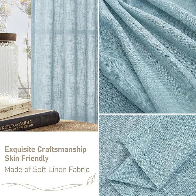 LAMIT Linen Curtains 48 Inch Length 2 Panels, Light Filtering Panels Back Tab and Rod Pocket Country Decor Drapes for Kitchen/Window/Loft Room/Bedroom, 34 x 48 Inch, Stone Blue