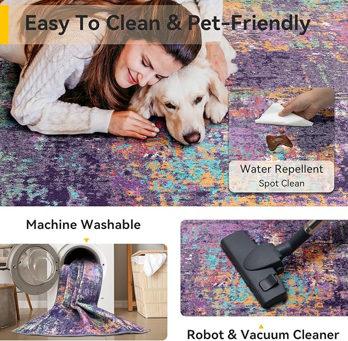 Washable Area Rugs 9'x12' Non-Slip Modern Abstract Soft for Living Room Entryway Bedroom Nursery, Print Pattern, Purple Orange Blue Green Rust Red Colorful