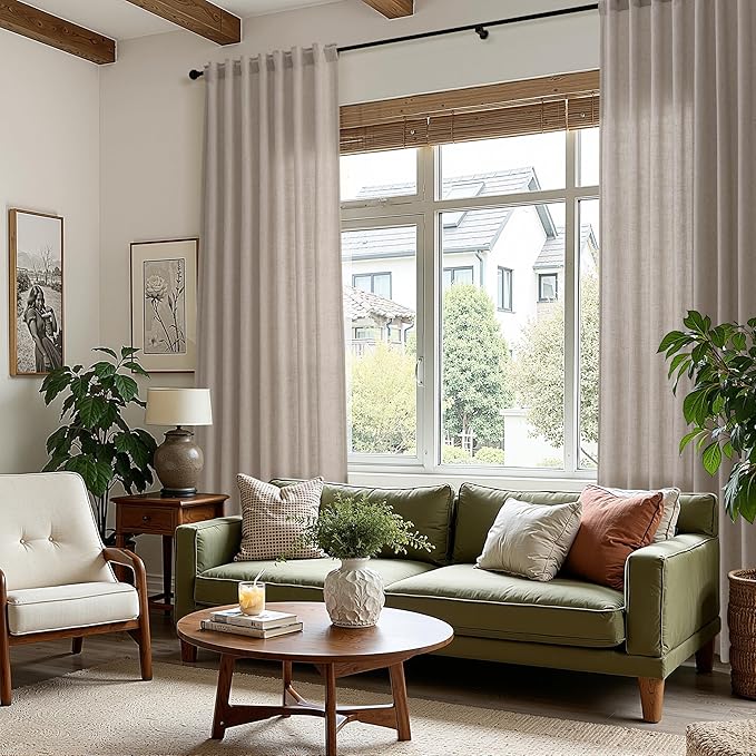 Nanspring Stone Beige Curtains 90 Inches Long for Living Room Linen Light Filtering Semi Sheer Curtain Back Tab Rod Pocket Simple Modern Elegant Farmhouse Decor Drapes for Bedroom 52x90, 2 Panels