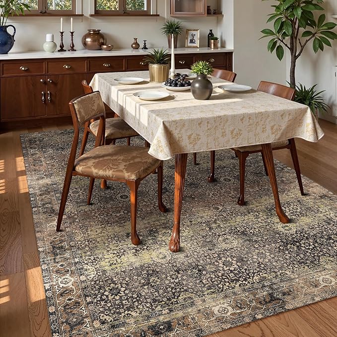 Washable Area Rug 6' x 9' Vintage Traditional Persian Mat - Foldable Distressed Non-Slip Machine Washable Carpet for Living Room Bedroom Kitchen Home Decor - Umber and Slate