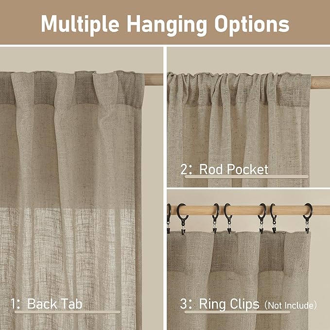 LAMIT Short Linen Curtains 30 Inch Length for Cafe, Semi Sheer Light Filtering Panels Back Tab and Rod Pocket Country Decor Drapes for Basement/Small Window, Taupe, 2 Panels, 34 x 30 Inch