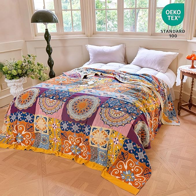 MSGKV Boho Throw Blanket for Bed 90"x90" 100% Cotton Blanket Spring Breathable Lightweight Queen Size Blankets Home Decor Muslin All Seasons