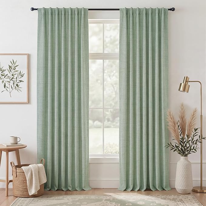 RYB HOME Sage Green 100% Blackout Curtains 102 inches Long, Thermal Insulated Linen Texture Drapes for Bedroom/Living Room, Elegant Farmhouse Curtains Back Tab&Rod Pocket, W52xL102, 2 Panels